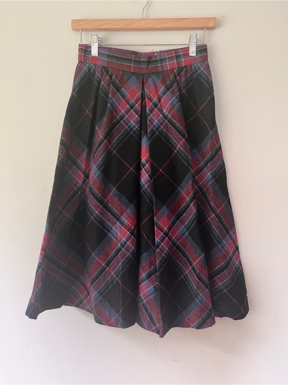 Vintage Plaid Midi Skirt - Black, Red, Blue